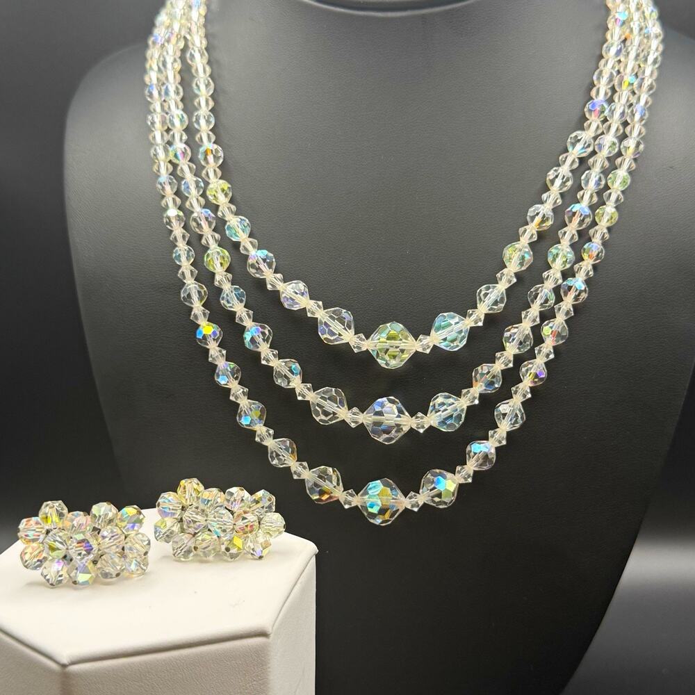 Vtg Aurora Borealis AB Faceted Crystal Glass 3 Strand Necklace Clip Earrings Set